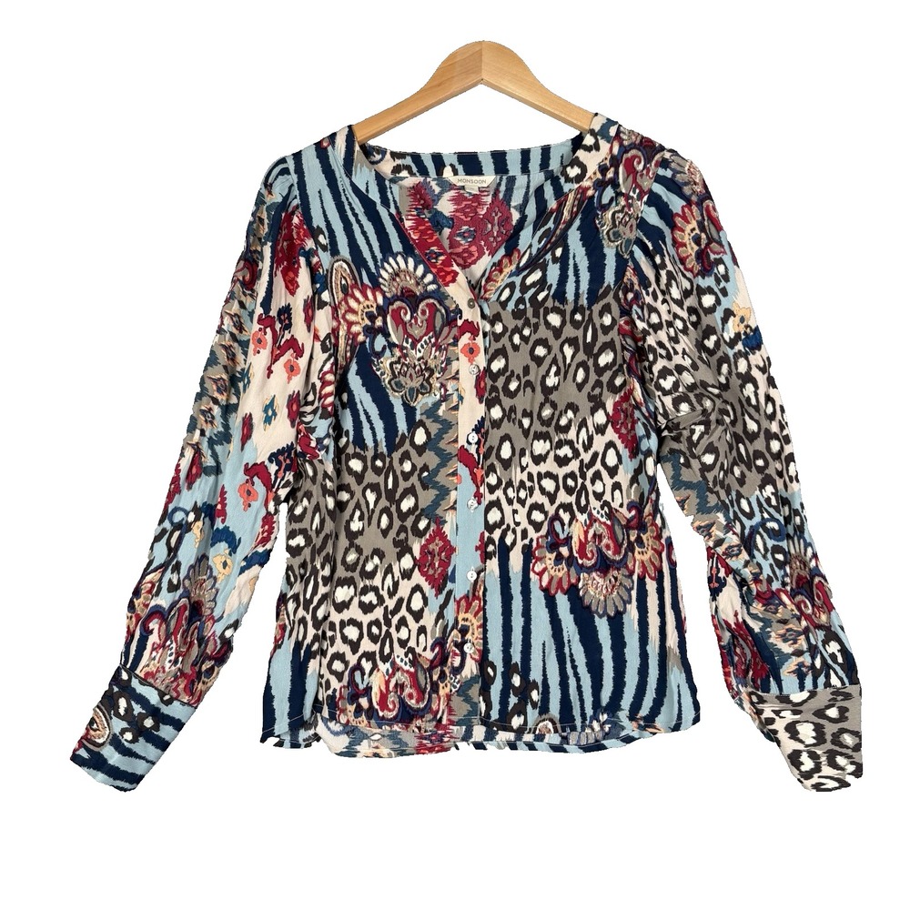MONSOON Button Up Blouse Size Medium Long Sleeve Floral Animal Print Boho Chic